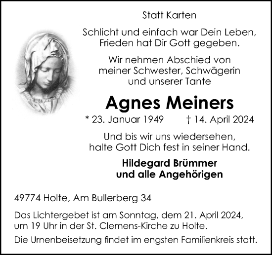 Traueranzeige von Agnes Meiners von Neue Osnabrücker Zeitung GmbH & Co. KG