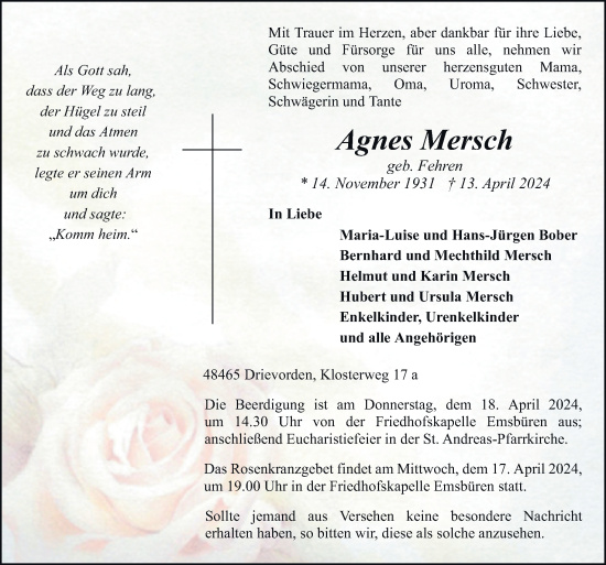 Traueranzeige von Agnes Mersch von Neue Osnabrücker Zeitung GmbH & Co. KG