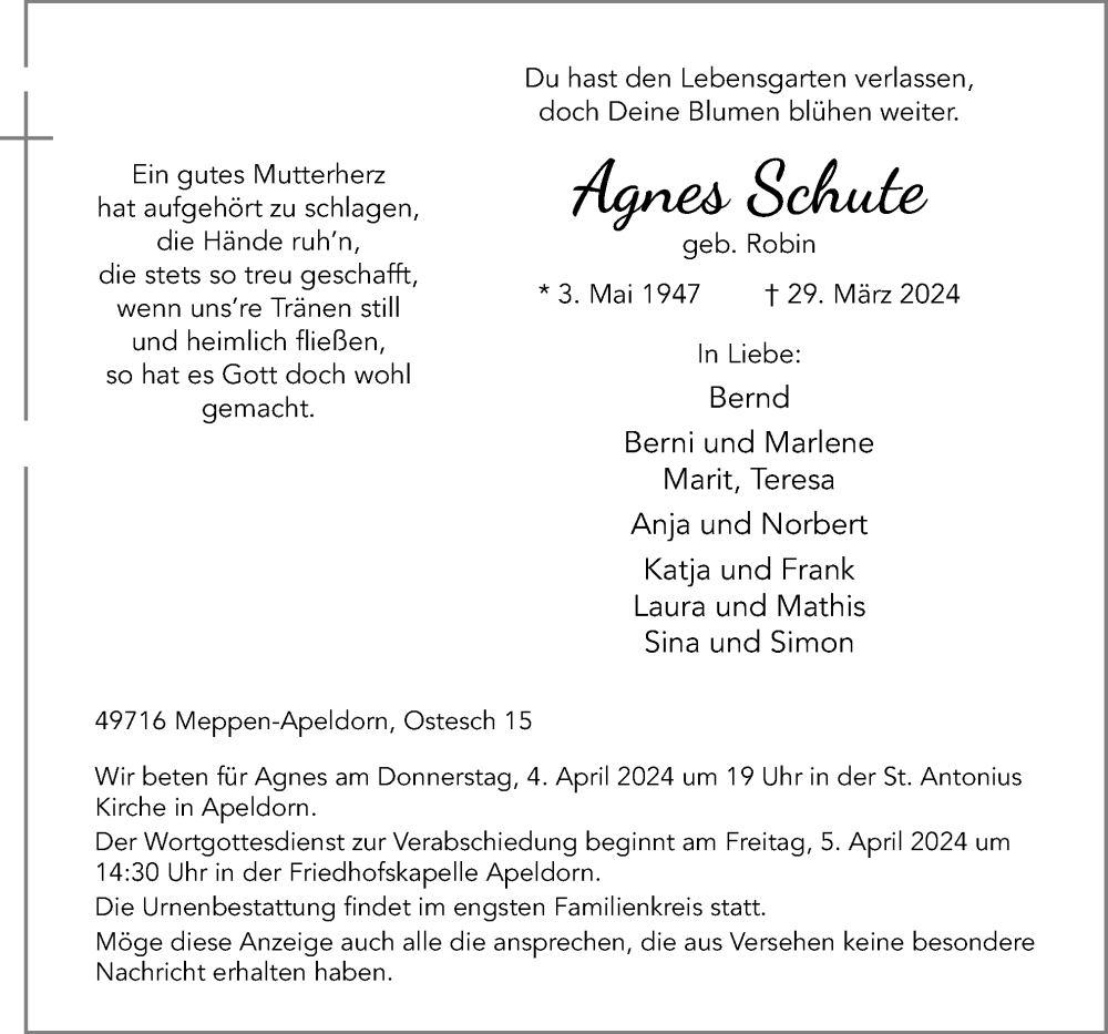  Traueranzeige für Agnes Schute vom 03.04.2024 aus Neue Osnabrücker Zeitung GmbH & Co. KG