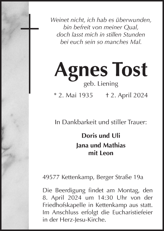 Traueranzeige von Agnes Tost von Neue Osnabrücker Zeitung GmbH & Co. KG