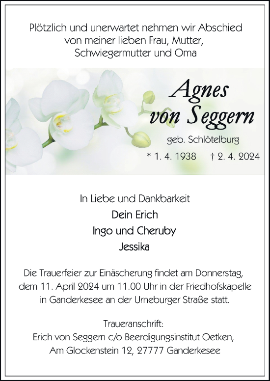 Traueranzeige von Agnes von Seggern von DK Medien GmbH & Co. KG