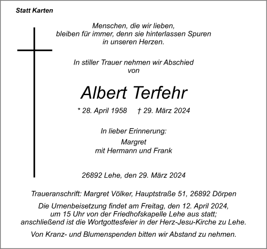 Traueranzeige von Albert Terfehr von Neue Osnabrücker Zeitung GmbH & Co. KG