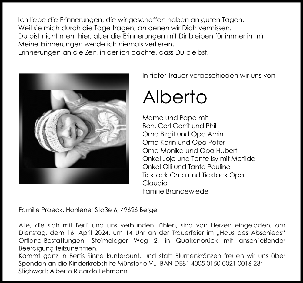  Traueranzeige für Alberto  vom 13.04.2024 aus Neue Osnabrücker Zeitung GmbH & Co. KG