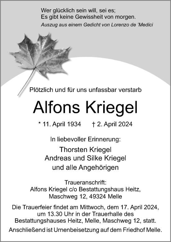 Traueranzeige von Alfons Kriegel von Neue Osnabrücker Zeitung GmbH & Co. KG
