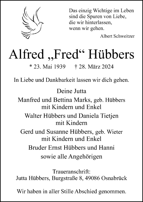 Traueranzeige von Alfred Hübbers von Neue Osnabrücker Zeitung GmbH & Co. KG