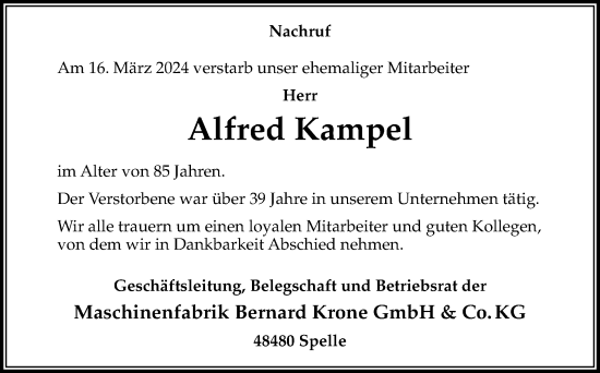 Traueranzeige von Alfred Kampel von Neue Osnabrücker Zeitung GmbH & Co. KG