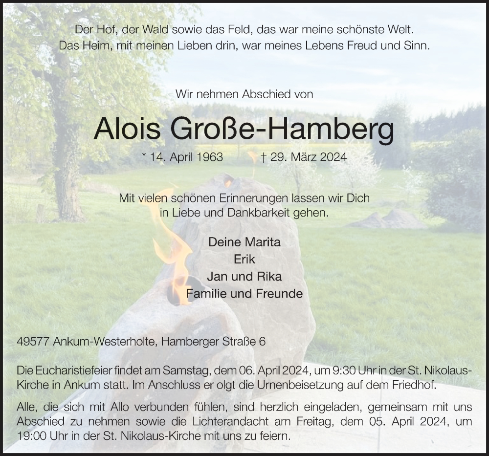  Traueranzeige für Alois Große-Hamberg vom 03.04.2024 aus Neue Osnabrücker Zeitung GmbH & Co. KG