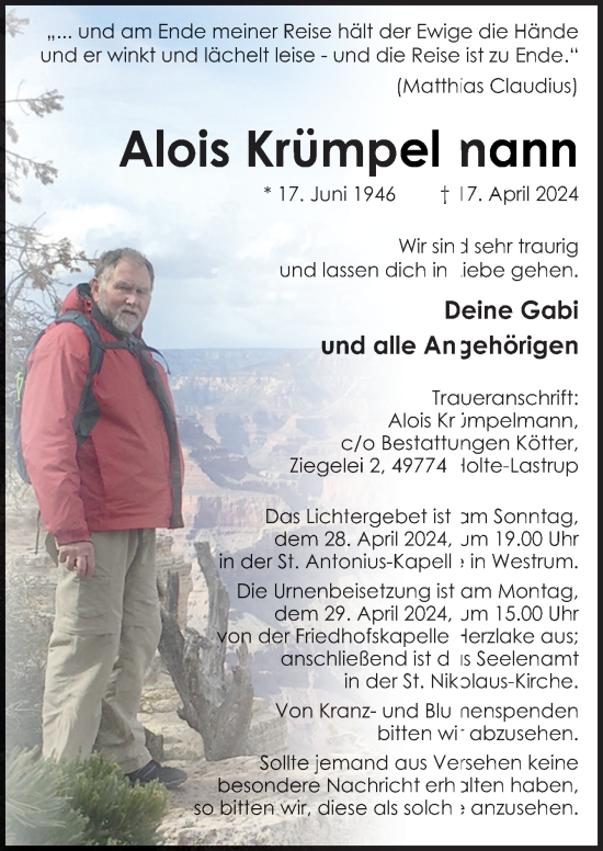 Traueranzeige von Alois Krümpelmann von Neue Osnabrücker Zeitung GmbH & Co. KG