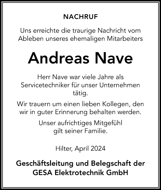 Traueranzeige von Andreas Nave von Neue Osnabrücker Zeitung GmbH & Co. KG
