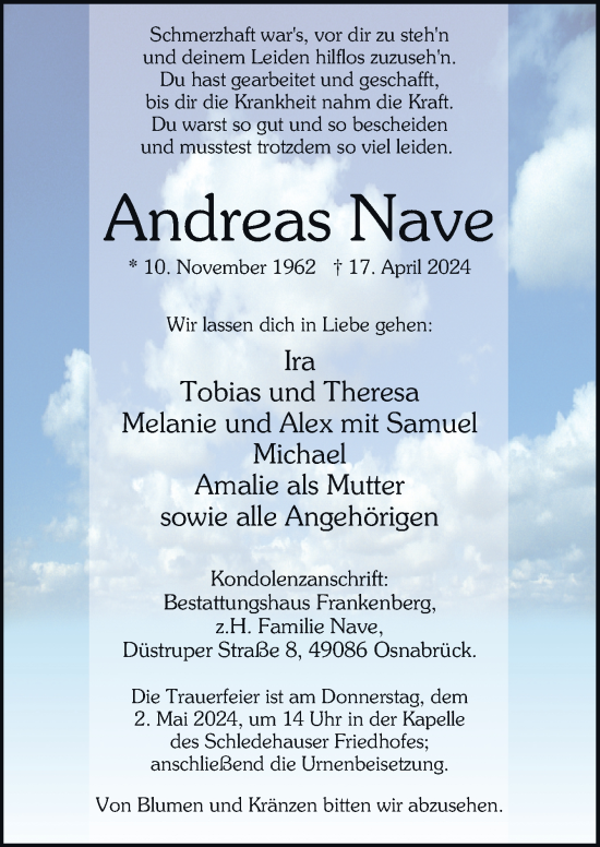 Traueranzeige von Andreas Nave von Neue Osnabrücker Zeitung GmbH & Co. KG