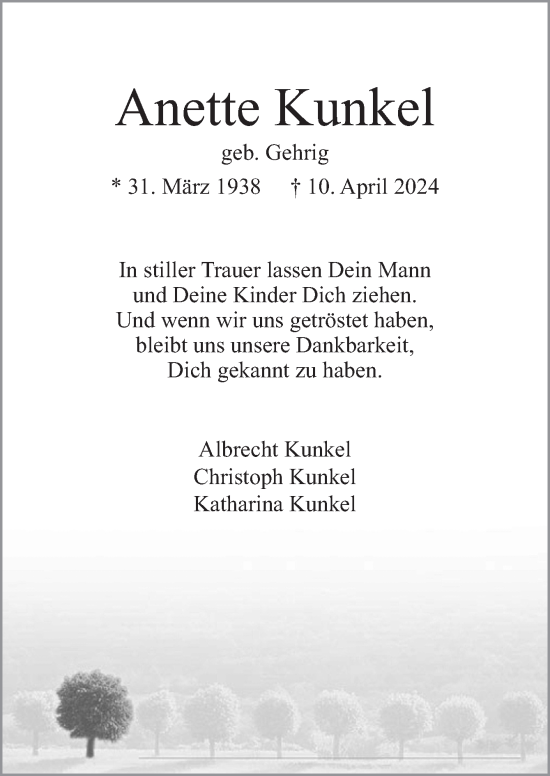 Traueranzeige von Anette Kunkel von Neue Osnabrücker Zeitung GmbH & Co. KG