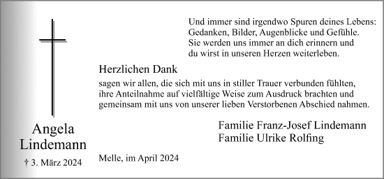 Traueranzeige von Angela Lindemann von Neue Osnabrücker Zeitung GmbH & Co. KG