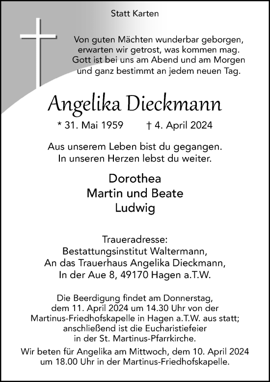 Traueranzeige von Angelika Dieckmann von Neue Osnabrücker Zeitung GmbH & Co. KG