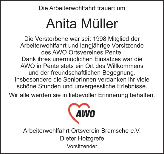 Traueranzeige von Anita Müller von Neue Osnabrücker Zeitung GmbH & Co. KG
