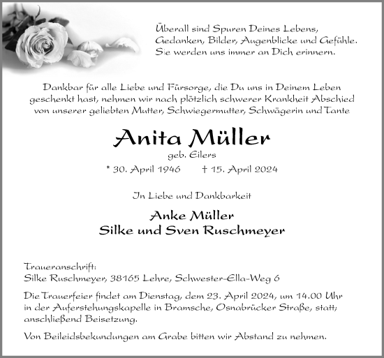 Traueranzeige von Anita Müller von Neue Osnabrücker Zeitung GmbH & Co. KG
