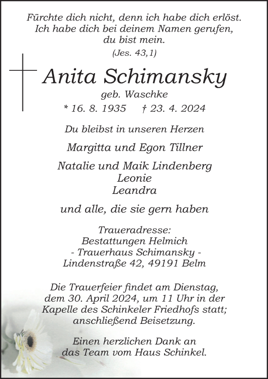 Traueranzeige von Anita Schimansky von Neue Osnabrücker Zeitung GmbH & Co. KG
