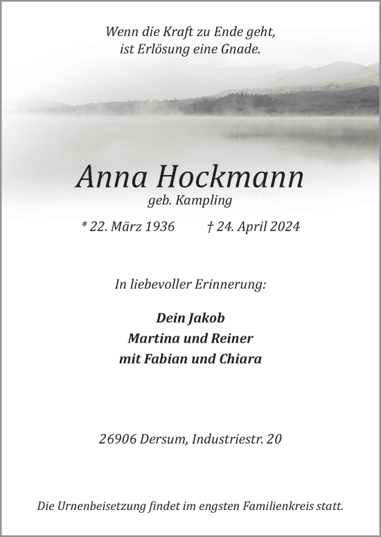 Traueranzeige von Anna Hockmann von Neue Osnabrücker Zeitung GmbH &amp; Co. KG