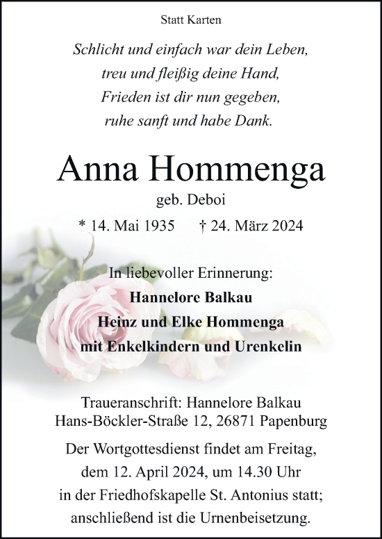 Traueranzeige von Anna Hommenga von Neue Osnabrücker Zeitung GmbH & Co. KG