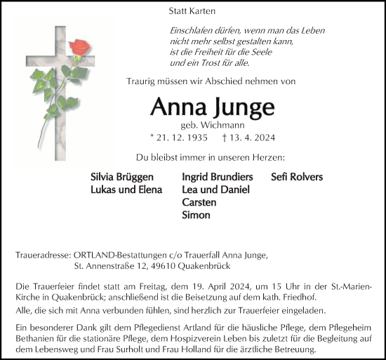 Traueranzeige von Anna Junge von Neue Osnabrücker Zeitung GmbH & Co. KG