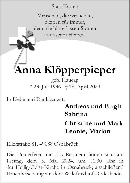 Traueranzeige von Anna Klöpperpieper von Neue Osnabrücker Zeitung GmbH & Co. KG