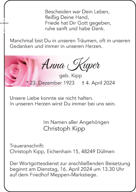 Traueranzeige von Anna Kuper von Neue Osnabrücker Zeitung GmbH & Co. KG