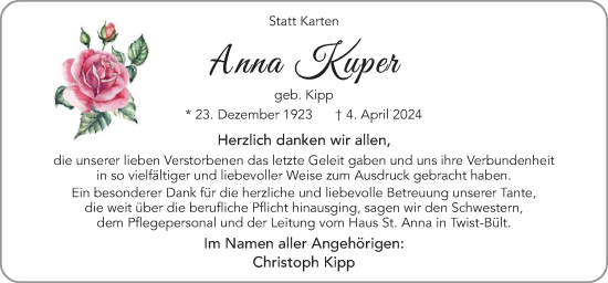 Traueranzeige von Anna Kuper von Neue Osnabrücker Zeitung GmbH & Co. KG