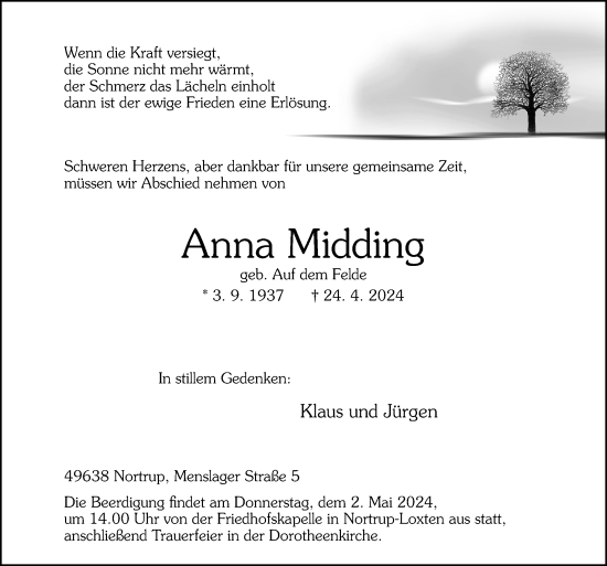 Traueranzeige von Anna Midding von Neue Osnabrücker Zeitung GmbH & Co. KG
