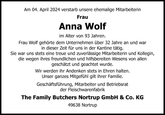 Traueranzeige von Anna Wolf von Neue Osnabrücker Zeitung GmbH & Co. KG