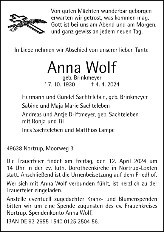 Traueranzeige von Anna Wolf von Neue Osnabrücker Zeitung GmbH & Co. KG
