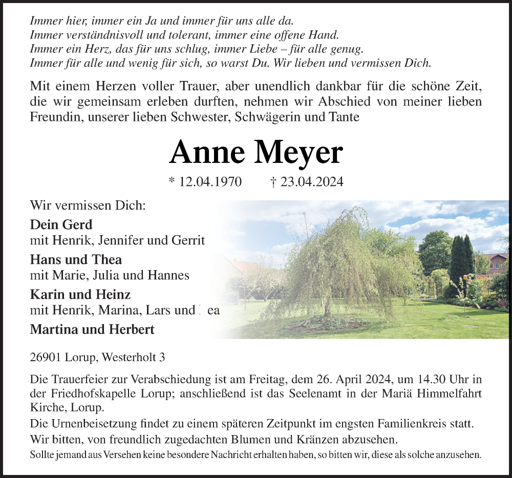  Traueranzeige für Anne Meyer vom 25.04.2024 aus Neue Osnabrücker Zeitung GmbH & Co. KG