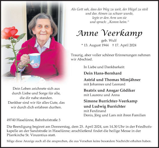 Traueranzeige von Anne Veerkamp von Neue Osnabrücker Zeitung GmbH & Co. KG