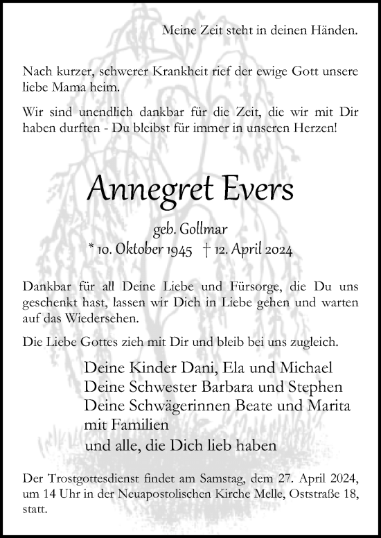 Traueranzeige von Annegret Evers von Neue Osnabrücker Zeitung GmbH & Co. KG