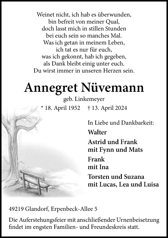Traueranzeige von Annegret Nüvemann von Neue Osnabrücker Zeitung GmbH & Co. KG