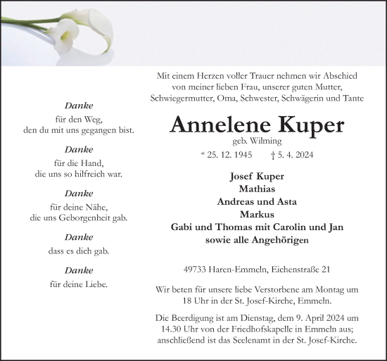 Traueranzeige von Annelene Kuper von Neue Osnabrücker Zeitung GmbH & Co. KG