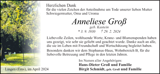 Traueranzeige von Anneliese Groß von Neue Osnabrücker Zeitung GmbH & Co. KG