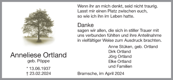 Traueranzeige von Anneliese Ortland von Neue Osnabrücker Zeitung GmbH & Co. KG