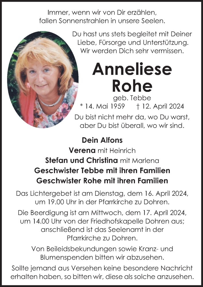  Traueranzeige für Anneliese Rohe vom 15.04.2024 aus Neue Osnabrücker Zeitung GmbH & Co. KG