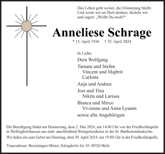 Traueranzeige von Anneliese Schrage von Neue Osnabrücker Zeitung GmbH & Co. KG
