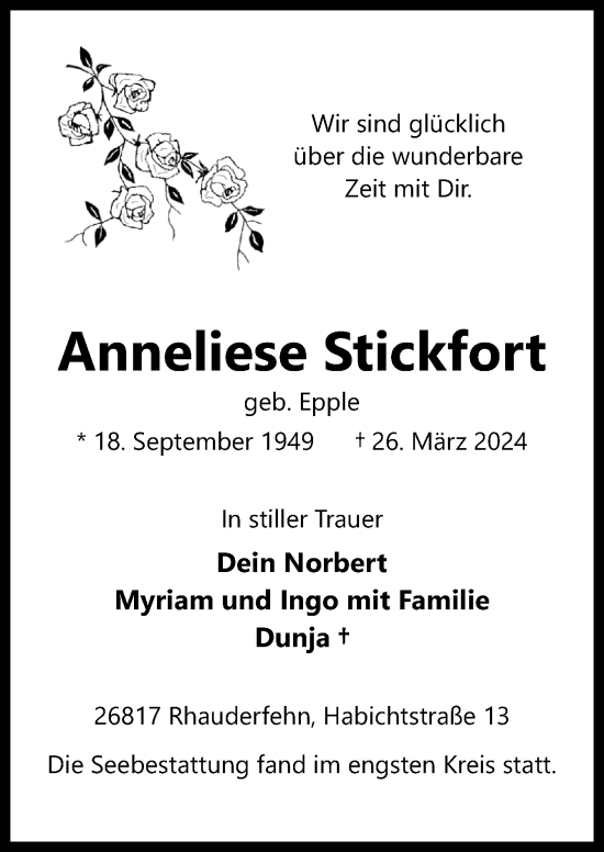 Traueranzeige von Anneliese Stickfort von Neue Osnabrücker Zeitung GmbH & Co. KG