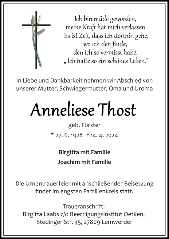 Traueranzeige von Anneliese Thost von DK Medien GmbH & Co. KG