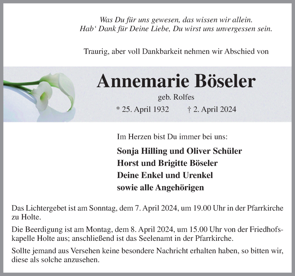  Traueranzeige für Annemarie Böseler vom 06.04.2024 aus Neue Osnabrücker Zeitung GmbH & Co. KG