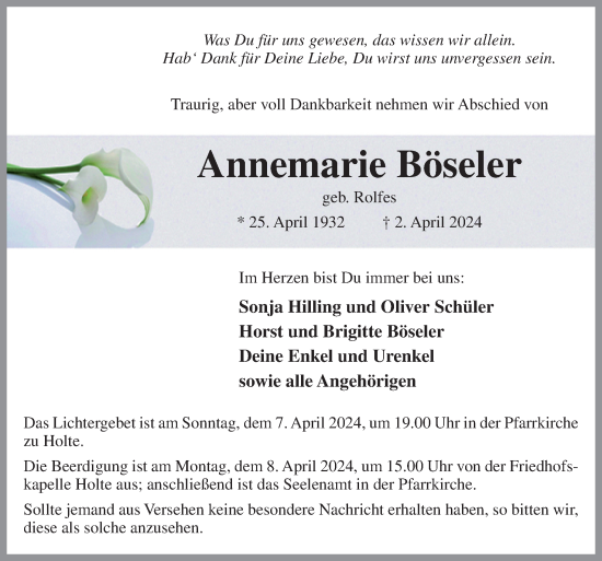 Traueranzeige von Annemarie Böseler von Neue Osnabrücker Zeitung GmbH & Co. KG