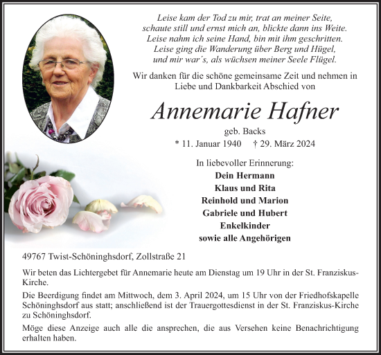Traueranzeige von Annemarie Hafner von Neue Osnabrücker Zeitung GmbH & Co. KG
