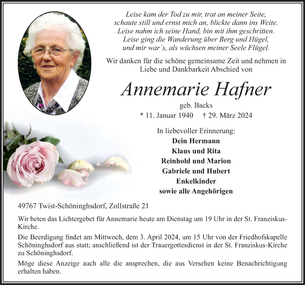  Traueranzeige für Annemarie Hafner vom 02.04.2024 aus Neue Osnabrücker Zeitung GmbH & Co. KG