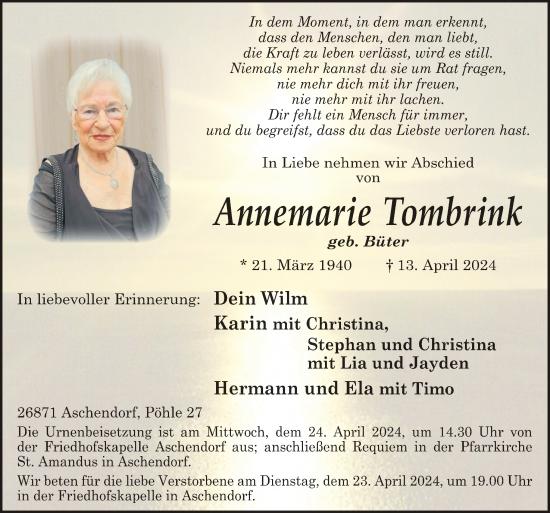 Traueranzeige von Annemarie Tombrink von Neue Osnabrücker Zeitung GmbH & Co. KG