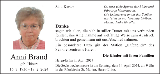 Traueranzeige von Anni Brand von Neue Osnabrücker Zeitung GmbH & Co. KG