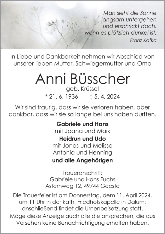 Traueranzeige von Anni Büsscher von Neue Osnabrücker Zeitung GmbH & Co. KG