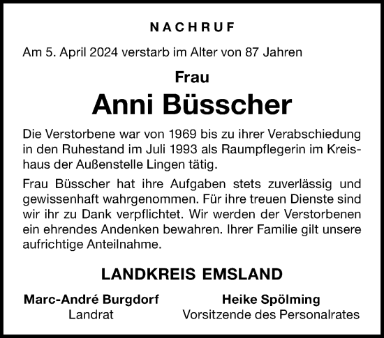 Traueranzeige von Anni Büsscher von Neue Osnabrücker Zeitung GmbH & Co. KG