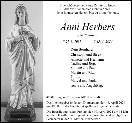Traueranzeige von Anni Herbers von Neue Osnabrücker Zeitung GmbH & Co. KG