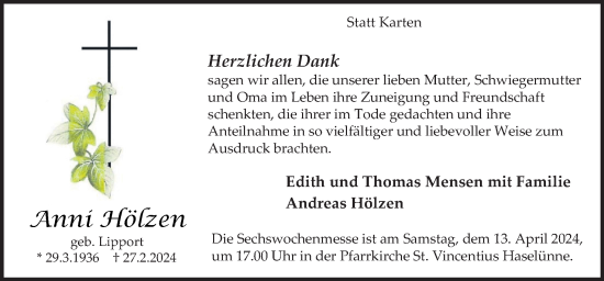 Traueranzeige von Anni Hölzen von Neue Osnabrücker Zeitung GmbH & Co. KG